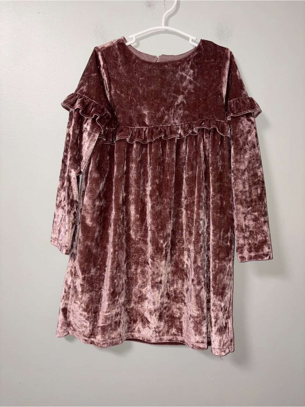 Rare Editions Mauve Crushed Velvet Long Sleeve Dress Ruffle Yoke Girls 6X